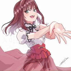  1girl :d bare_arms black_shorts brown_hair center_frills commentary cowboy_shot frills green_eyes hand_on_own_chest kimi_no_koto_ga_dai_dai_dai_dai_daisuki_na_100-nin_no_kanojo light_blush long_hair looking_at_viewer open_mouth outstretched_arm pink_skirt saiki_himeka see-through_clothes see-through_skirt shirt short_sleeves shorts shorts_under_skirt signature simple_background skirt smile solo sparkling_eyes syuuka617 teeth upper_teeth_only watermark white_background white_shirt 