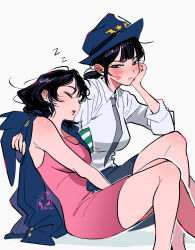  2girls absurdres artist_logo artist_name black_hair blue_hat blue_jacket blush borrowed_clothes collared_shirt commentary dixretsa dress grey_necktie hat highres jacket jacket_on_shoulders lipstick_mark lipstick_mark_on_face logo multiple_girls necktie original pink_dress police police_hat police_uniform policewoman shirt sitting sleeping white_background white_shirt yuri zzz 