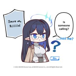  1girl ? blue_archive blue_eyes blue_hair breasts character_name chibi closed_mouth commentary donmin_h earrings english_commentary english_text frown glasses halo high-waist_skirt jewelry large_breasts long_hair long_sleeves multicolored_hair necklace no_nose official_art pointy_ears puffy_long_sleeves puffy_sleeves rin_(blue_archive) skirt solo speech_bubble sweatdrop sweater turtleneck turtleneck_sweater two-tone_hair very_long_hair 