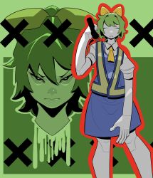  1girl ascot blue_skirt blue_vest bow cateran_summons closed_eyes closed_mouth collared_shirt colored_skin commentary_request cookie_(touhou) daiyousei diyusi_(cookie) feet_out_of_frame green_background green_hair hair_bow high-visibility_clothing high-visibility_vest highres joints looking_at_viewer multiple_views outline puffy_short_sleeves puffy_sleeves red_outline robot_joints shirt short_hair short_sleeves skirt skirt_set touhou traffic_baton vest white_shirt white_skin yellow_ascot yellow_bow 