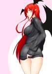  1girl :p alternate_costume bat_wings breasts head_wings highres koakuma large_breasts long_hair looking_back naked_sweater niwatazumi pointy_ears red_eyes redhead ribbed_sweater smile solo sweater tongue touhou wings 