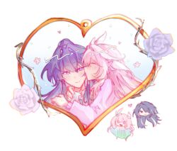  4girls acheron_(honkai:_star_rail) chibi color_connection commentary cyrene_(demiurge)_(honkai:_star_rail) cyrene_(honkai:_star_rail) elf elysia_(herrscher_of_human:_ego)_(honkai_impact) elysia_(honkai_impact) english_commentary flower hair_color_connection highres honkai:_star_rail honkai_(series) honkai_impact_3rd karetokoi kiss kissing_cheek long_hair manta_ray multiple_girls pink_hair pointy_ears purple_hair raiden_mei rose simple_background very_long_hair violet_eyes voice_actor_connection white_background yuri 
