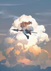  1girl absurdres angelina_(arknights) animal_ears arknights black_gloves black_shoes black_socks blue_sky brown_eyes brown_hair chinese_commentary clouds coat commentary_request dafeiwurenkundexiangsi earpiece floating_hair flying fox_ears fox_girl gloves hairband highres long_hair long_sleeves looking_to_the_side open_clothes open_coat outdoors red_hairband shoes sky smile socks solo staff_riding striped_clothes striped_hairband twintails wide_shot 