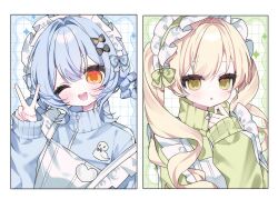  2girls :d ;d alternate_costume apron blonde_hair blue_hair blue_jacket border braid braided_hair_rings frilled_apron frilled_hairband frills green_eyes green_jacket grid_background hair_rings hairband high_collar highres jacket long_hair long_sleeves looking_at_viewer mahou_shoujo_no_majo_saiban maid maid_headdress multiple_girls one_eye_closed open_mouth rita_for short_hair smile tachibana_sherry teeth tono_hanna track_jacket twintails upper_teeth_only white_border white_hairband yellow_eyes 