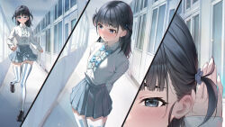  1girl absurdres basori_tiara black_hair black_thighhighs blue_bow blue_bowtie blue_eyes blunt_bangs blush bow bowtie collared_shirt commentary_request full_body grey_skirt hair_ornament hallway highres indoors loafers long_hair long_sleeves looking_at_viewer make_heroine_ga_oo_sugiru! mixed-language_commentary mole mole_on_neck mole_on_thigh multicolored_thighhighs multiple_views official_alternate_hairstyle pleated_skirt running school_uniform shirt shoes skirt striped_clothes striped_thighhighs summer_uniform tagaki_(terminatorline) thigh-highs tsuwabuki_high_school_uniform two-tone_thighhighs two_side_up vertical-striped_clothes vertical-striped_thighhighs white_shirt white_thighhighs zettai_ryouiki 