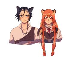  1boy 1girl aged_up animal_ear_fluff animal_ears armor artist_name black_dress black_hair blue_eyes blush breasts brown_armor character_request check_character closed_mouth collared_dress collared_shirt commentary cropped_torso dog_boy dog_ears double-parted_bangs dress english_commentary gem genderswap genderswap_(ftm) hair_between_eyes hair_tubes high_collar highres jewelry keel_(tate_no_yuusha_no_nariagari) layered_dress leather_armor long_hair long_sleeves looking_at_viewer medium_breasts metal_hair_tubes mixed_coffee multicolored_hair muneate neck_ribbon necklace orange_hair pinstripe_dress pinstripe_pattern raccoon_ears raccoon_girl raphtalia red_eyes red_gem red_ribbon ribbon shirt short_hair simple_background sleeveless sleeveless_dress smile straight-on streaked_hair swept_bangs tanuki tate_no_yuusha_no_nariagari two-tone_hair upper_body watermark white_background white_dress white_hair white_shirt 