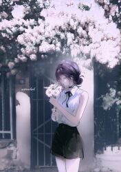  1girl absurdres artist_name bare_arms bare_shoulders black_choker black_ribbon black_shorts bouquet breasts chainsaw_man choker collared_shirt commentary cowboy_shot flower grenade_pin hair_between_eyes hair_bun highres holding holding_bouquet medium_breasts medium_hair neck_ribbon outdoors purple_hair reze_(chainsaw_man) ribbon shirt shorts solo standing updo white_flower white_shirt winterrlark 
