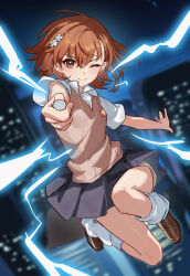  1girl absurdres aiming aiming_at_viewer amamiyayk black_sky blush brown_eyes brown_hair brown_shoes brown_sweater_vest chinese_commentary cityscape coin collared_shirt commentary_request crossed_bangs dress_shirt electricity electrokinesis flower_hairpin foreshortening full_body grey_skirt hair_between_eyes highres jumping kneehighs loafers looking_at_viewer loose_socks medium_hair misaka_mikoto night one_eye_closed outdoors pleated_skirt railgun_(misaka_mikoto) reaching reaching_towards_viewer school_uniform shirt shoes short_shorts short_sleeves shorts shorts_under_skirt skirt sky smile socks solo summer_uniform sweater_vest toaru_kagaku_no_railgun toaru_majutsu_no_index tokiwadai_school_uniform v-neck white_shirt white_socks yellow_shorts 