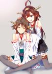  2girls ahoge brown_hair closed_eyes detached_sleeves double_bun hairband hiei_(kantai_collection) highres japanese_clothes kantai_collection kongou_(kantai_collection) konkito long_hair miko multiple_girls open_mouth personification short_hair smile thighhighs wink 
