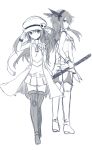  2girls hat long_hair looking_back mishima_kurone multiple_girls simple_background skirt thighhighs white_background 