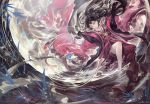  1girl alcd black_hair branch highres houraisan_kaguya japanese_clothes jeweled_branch_of_hourai long_hair moon outstretched_arm ripples solo touhou wate 