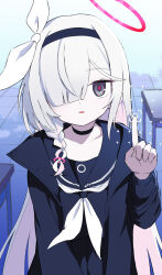  1girl black_choker black_coat black_eyes black_hairband black_sailor_collar black_serafuku black_skirt blue_archive braid choker coat colored_inner_hair commentary_request desk hair_over_one_eye hairband halo highres index_finger_raised kamatama long_hair long_sleeves looking_at_viewer multicolored_hair neckerchief pink_hair plana_(blue_archive) red_halo red_pupils ribbon sailor_collar school_desk school_uniform serafuku single_braid skirt solo straight-on upper_body very_long_hair white_hair white_neckerchief white_ribbon 