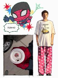  1boy absurdres beanie bodysuit brown_hair car chibi chibi_inset cup english_text from_above full_body hat highres holding holding_cup hugh_ironmft inset_border jacket korean_text long_sleeves marvel mask motor_vehicle multicolored_bodysuit multiple_views padded_jacket pants peter_parker polka_dot pov print_bodysuit red_bodysuit scarf shirt short_hair silk sleeveless sleeveless_jacket speech_bubble spider-man spider-man:_brand_new_day spider-man_(series) spider_web spider_web_print superhero_costume t-shirt two-tone_bodysuit very_short_hair white_background 