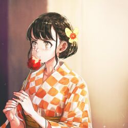  1girl :i angry black_hair blurry blurry_background blush braid brown_eyes butterfly_hair_ornament candy_apple checkered_clothes checkered_kimono chewing closed_mouth commentary cropped crying crying_with_eyes_open depth_of_field eating eyelashes fingernails flower food hair_flower hair_ornament half_up_braid hands_up holding japanese_clothes jun_(navigavi) kimono light_particles long_sleeves looking_to_the_side making-of_available nose obi orange_kimono orange_sash original red_flower sash short_hair sidelocks smile solo tareme tears untranslatable_commentary upper_body 