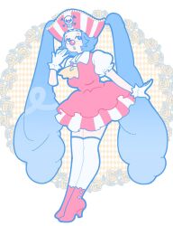  1girl :o ascot blue_hair boots buggy_the_clown clown clown_nose collar commentary dress english_commentary eyeshadow facial_mark flower genderswap genderswap_(mtf) gloves hat high_heel_boots high_heels highres makeup one_piece pastel_colors pirate_hat puffy_short_sleeves puffy_sleeves red_dress red_eyeshadow red_nose red_shoes rose shoes short_sleeves solo thigh-highs twintails vongulli white_collar white_gloves white_sleeves white_thighhighs x_(symbol) x_facial_mark yellow_ascot yellow_flower yellow_rose 