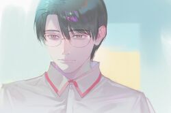  1boy black_hair buttons closed_mouth collared_shirt commentary english_commentary glasses highres karaoke_iko! male_focus nose_pads oka_satomi rimless_eyewear shirt short_hair solo straight-on upper_body white_shirt zxs1103 