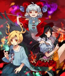  3girls ahoge animal_realm_yakuza_(touhou) antlers aura bandana black_hair black_wings blonde_hair blue_dress blue_shirt blue_skirt brown_hat commentary_request cowboy_hat curly_hair detached_sleeves dragon_girl dragon_horns dragon_tail dress earrings feathered_wings gun hat holding holding_gun holding_spork holding_weapon horn_ornament horn_ribbon horns horse_girl horse_tail jewelry kaigen_1025 kicchou_yachie kurokoma_saki looking_at_viewer mandarin_collar meandros multiple_girls off-shoulder_shirt off_shoulder open_mouth oversized_object patterned_clothing pointy_ears ponytail rectangular_pupils red_eyes red_horns red_sleeves revolver ribbon scales sharp_teeth sheep_horns shirt short_hair skirt spoon spork tail teeth touhou toutetsu_yuuma turtle_shell weapon white_bandana white_hair wings 