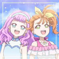  2girls :d absurdres aqua_hairband bare_arms bare_shoulders blue_eyes blue_shirt blue_sky bow bright_pupils clouds cloudy_sky collarbone collared_shirt commentary crop_top cropped_shirt day earrings frilled_shirt frills green_eyes hair_bow hairband highres inset_border jewelry laura_la_mer light_particles long_hair looking_up multiple_girls natsuumi_manatsu necklace off-shoulder_shirt off_shoulder open_mouth orange_hair outdoors pink_hair pink_shirt ponytail precure raised_eyebrows round_teeth shell shell_earrings shell_necklace shirt side-by-side sky sleeveless sleeveless_shirt smile teeth thereaakari thick_eyebrows tropical-rouge!_precure upper_body upper_teeth_only white_pupils white_shirt yellow_bow 