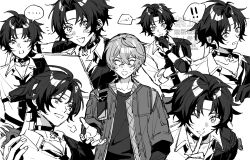  ! !! ... 2boys asaba_harumasa black_choker black_hair black_necktie black_shirt blush choker closed_eyes collarbone commentary_request crossed_bangs grey_hair hair_between_eyes hand_on_own_chin hand_up headband highres index_finger_raised jacket knpe00 male_focus multiple_boys multiple_views necktie one_eye_closed open_mouth parted_bangs pendant_choker shirt short_hair simple_background spoken_ellipsis spoken_exclamation_mark white_background white_shirt wise_(zenless_zone_zero) zenless_zone_zero 