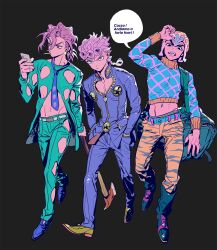  3boys axe bag belt black_background chinese_commentary cigarette cleavage_cutout clothing_cutout commentary_request dot_nose giorno_giovanna green_eyes green_pants guido_mista highres holding holding_axe holding_phone jojo_no_kimyou_na_bouken long_hair looking_ahead looking_at_phone looking_at_viewer low_ponytail male_focus midriff multiple_boys navel necktie pannacotta_fugo pants phone pink_eyes pink_hair ponytail purple_necktie shirt shishio_(shishio5431) shoes speech_bubble walking white_belt 