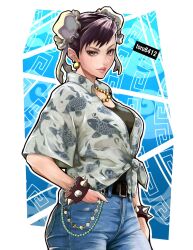  1girl animal_print artist_name bangle bead_necklace beads belt black_belt black_hair black_shirt blue_background blue_pants border bracelet breasts brown_eyes bun_cover capcom chun-li closed_mouth commentary_request cowboy_shot denim double_bun earrings fish_print gold_earrings hair_bun hair_ribbon hand_in_pocket highres jeans jewelry light_smile looking_at_viewer medium_breasts necklace pants print_shirt ribbon shirt solo spiked_bracelet spikes street_fighter tied_shirt to-ru updo white_border white_ribbon 