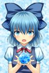  1girl blue_background blue_eyes blue_hair bow bust cirno gin_fuaru hair_bow hands_together holding ice looking_at_viewer open_mouth puffy_short_sleeves puffy_sleeves ribbon short_hair short_sleeves simple_background solo touhou water_drop 