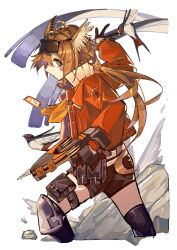  1girl aciddrop_(arknights) ahoge arknights awakeningdog bandaid bandaid_on_face belt belt_pouch bird black_gloves black_thighhighs blue_eyes brown_hair commentary_request crossbow eyewear_on_head gloves highres holding holding_crossbow holding_weapon id_card jacket knee_pads long_hair long_sleeves neckerchief orange_jacket orange_neckerchief ponytail pouch short_hair shorts simple_background solo sparrow standing sunglasses thigh-highs thigh_strap weapon white_background white_belt 