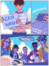  1other 2girls 4boys blue_shirt blue_skirt blue_sky blush brown_hair car closed_eyes clouds cloudy_sky commentary denim dustin_henderson eleven_(stranger_things) english_commentary freckles green_eyes hat heart heart-shaped_eyes highres holding holding_hose holding_sponge hose jeans jewelry lucas_sinclair max_mayfield mike_wheeler mole mole_above_mouth money motor_vehicle multiple_boys multiple_girls necklace open_mouth orange_hair pants shirt skirt sky smile sparkle sponge stranger_things striped_clothes striped_shirt sunglasses tied_shirt visor_cap will_byers xbwlem5qhe28554 