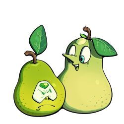  2girls angry blue_eyes discount-supervillain face_shield food food_focus forehead_jewel frown fruit leaf multiple_girls no_humans open_mouth pear pearl_(steven_universe) peridot_(steven_universe) pointy_nose smile steven_universe 