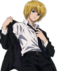  1boy black_necktie black_pants blonde_hair buttons closed_mouth commentary dress_shirt from_below highres hunter_x_hunter jacket kurapika looking_at_viewer male_focus muuiillchan necktie pants removing_jacket removing_necktie shirt shirt_tucked_in short_hair simple_background solo suit suit_jacket suit_pants undressing untranslatable_commentary white_background 