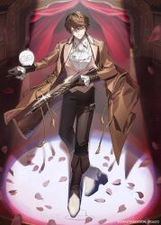  >:) 1boy absurdres aiguillette ascot bayonet black_pants brown_coat brown_eyes brown_gloves brown_hair brown_vest bullet closed_mouth coat collared_shirt commentary_request copyright_notice crazy_raccoon creature creature_on_arm curtains frilled_sleeves frills full_body gaiters gihuta_hiroshi glasses glint gloves gun hair_between_eyes highres holding holding_gun holding_weapon jasper7se lapels light_particles long_sleeves looking_at_viewer male_focus notched_lapels official_art open_clothes open_coat outstretched_arm pants pants_tucked_in petals rose_petals round_eyewear shirt shoes short_hair sleeve_cuffs smile solo spotlight stage_curtains standing tassel thigh_strap v-shaped_eyebrows vest weapon white_ascot white_shirt white_shoes xross_stars 