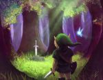  1boy blonde_hair fairy forest from_behind grass left-handed link male master_sword nature pointy_ears shield signature steven_donegani sword the_legend_of_zelda tree weapon 