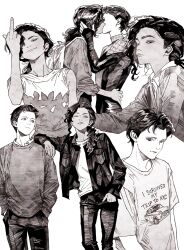  1boy 1girl arm_on_another's_shoulder backpack bag commentary_request greyscale hand_in_pocket highres jacket kiss korean_commentary looking_at_viewer marvel michelle_"mj"_jones middle_finger mixed-language_commentary monochrome multiple_views oeqooo peter_parker ponytail short_hair single_sidelock smile spider-man spider-man_(series) superhero_costume sweater 