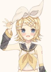  1girl bare_shoulders belt black_sailor_collar black_sleeves blonde_hair blue_eyes bow breasts commentary_request detached_sleeves hair_ornament hairclip headphones headset highres holding holding_bow_(ornament) kagamine_rin looking_at_viewer neckerchief number_tattoo open_mouth parallel_hairclips sailor_collar shirt short_hair simple_background sleeveless sleeveless_shirt small_breasts tattoo treble_clef tsutsuji_(suisai02) upper_body vocaloid white_background white_bow white_shirt yellow_belt yellow_nails yellow_neckerchief yellow_trim 