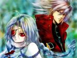  1boy 1girl ahoge blazblue cape eyepatch hair_weapon heterochromia nu-13 ragna_the_bloodedge red_eyes silver_hair 