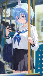  1girl absurdres animal_on_head aqua_hair bag bird bird_on_head blue_bag blue_neckerchief bus bus_interior commentary cowboy_shot english_commentary hair_intakes hair_ornament hairclip highres holding holding_phone long_sleeves motor_vehicle neckerchief on_head original parallel_hairclips people phone pleated_skirt sailor_collar school_uniform serafuku shirt short_hair skirt standing summer_uniform transit_bus white_sailor_collar white_shirt xiongji_z_z 