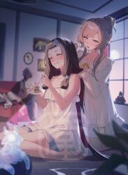  4girls arlecchino_(genshin_impact) blue_eyes brown_hair brushing_hair cake cake_slice columbina_(genshin_impact) dress eating food genshin_impact juwei long_hair multicolored_hair multiple_girls open_mouth pulonia_(genshin_impact) purple_hair sandrone_(genshin_impact) signora_(genshin_impact) streaked_hair white_dress 