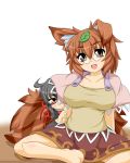  2girls :&lt; ahoge animal_ears arm_holding arms_behind_back barefoot black_hair blouse blush breasts brown_eyes brown_hair butterfly_sitting chibi collarbone futatsuiwa_mamizou glasses head_tilt hiding houjuu_nue kokujuuji large_breasts leaf leaf_on_head looking_at_viewer multiple_girls open_mouth peeking_out pince-nez puffy_short_sleeves puffy_sleeves raccoon_ears raccoon_tail red_eyes short_hair short_sleeves simple_background sitting skirt tail touhou two-tone_background wings 