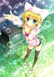  1girl animal_ears black_legwear blonde_hair blue_eyes bubble cat_ears collarbone full_body headphones hoodie long_sleeves minatsuki_alumi original outstretched_hand parted_lips payot shoes short_shorts shorts sneakers solo sports_bra standing tail television thighhighs tile_floor tiles unzipped 