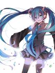  1girl aqua_eyes aqua_hair detached_sleeves hatsune_miku headphones long_hair necktie open_mouth skirt sleeves_past_wrists solo thighhighs twintails very_long_hair vocaloid white_background 