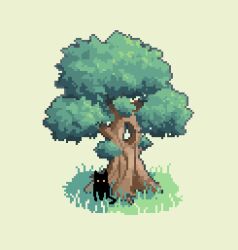  against_tree animal black_cat blade_of_grass branch cat day decomposedmaw grass green_leaf leaf looking_at_viewer nature no_humans original outdoors pixel_art plant shadow sitting sunlight tree tree_hollow white_background 