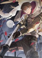  1boy absurdres aiming belt black_belt black_gloves brown_eyes brown_hair brown_pants brown_vest cloak coat collared_shirt commentary_request copyright_notice cowboy_shot crazy_raccoon creature falling_petals floating_clothes gihuta_hiroshi glasses gloves gun hair_between_eyes highres holding holding_gun holding_weapon hood hood_down hooded_cloak jasper7se legs_apart long_sleeves male_focus night o-ring o-ring_belt o-ring_thigh_strap official_art open_clothes open_coat pants parted_lips petals pouch red_petals rifle rose_petals round_eyewear scope shirt short_hair sleeve_cuffs smoke sniper_rifle solo standing tassel thigh_pouch thigh_strap vest weapon white_cloak white_shirt xross_stars yellow_coat 