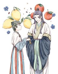  1boy 1girl beads blue_eyes blue_flower blunt_bangs chinese_clothes chinese_hairpin commentary_request cowboy_shot double_bun earrings flat_chest flower food forget-me-not_(flower) fruit gold_trim green_hair hair_beads hair_bun hair_flower hair_ornament hair_stick half_updo highres holding holding_brush jewelry jinshi_(kusuriya_no_hitorigoto) kusuriya_no_hitorigoto lemon long_hair maomao_(kusuriya_no_hitorigoto) moru_jin parted_bangs parted_lips persimmon purple_hair robe violet_eyes white_background white_robe wide_sleeves 