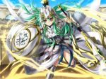  1girl armor armored_dress athena_(p&amp;d) breastplate green_hair helmet long_hair okeriba polearm puzzle_&amp;_dragons red_eyes shield solo spear weapon 