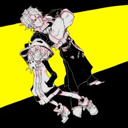  1boy 1girl :d ahoge animal_hood ankle_boots beard_stubble belmond_banderas belmond_banderas_(1st_costume) black_background boots closed_mouth commentary_request crossed_arms dutch_angle facial_hair fang hands_in_pockets heart heart_in_mouth hood hood_up hooded_jacket jacket limited_palette looking_at_viewer miniskirt muscular muscular_male nijisanji open_clothes open_jacket open_mouth oshaka_(haguki) overskirt panda_hood pants pleated_skirt sasaki_saku sasaki_saku_(1st_costume) shoes short_hair simple_background sketch skin_fang skirt smile standing stubble virtual_youtuber yellow_background 