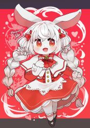  1girl :d animal_ears black_shoes blush bow bowtie braid capelet commentary crossed_bangs double_horizontal_stripe dress frilled_dress frills full_body furry furry_female hair_between_eyes hair_bow hand_up highres letterboxed long_hair long_sleeves looking_at_viewer open_mouth original outside_border po!_(popoemo) rabbit_ears rabbit_girl red_background red_bow red_bowtie red_dress red_eyes shoes sleeves_past_wrists smile socks solo standing twin_braids untranslatable_commentary very_long_hair white_capelet white_fur white_hair white_socks 