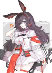  1girl :d animal_ears april_(arknights) arknights beamed_sixteenth_notes blush bow_(weapon) breasts brown_hair commentary cowboy_shot dated dress ear_tag headphones holding holding_bow_(weapon) holding_weapon hosakana implied_extra_ears jacket long_hair medium_breasts musical_note open_clothes open_jacket open_mouth quiver rabbit_ears rabbit_girl sketch smile solo thighs twitter_username untranslatable_commentary very_long_hair violet_eyes weapon white_dress white_jacket 