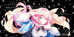  1girl ;) black_background blue_scarf breasts elf elysia_(coco)_(honkai_impact) elysia_(honkai_impact) hairband honkai_(series) honkai_impact_3rd kun_kun large_breasts looking_at_viewer official_alternate_costume one_eye_closed pointy_ears scarf shirt simple_background smile solo watermark white_hairband white_shirt 