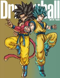  absurdres black_hair blue_sash boots closed_mouth commentary dougi dragon_ball dragon_ball_super english_commentary full_body highres looking_at_viewer male_focus monkey_boy monkey_tail multiple_boys muscular muscular_male pants red_fur saiyan sash shirt son_goku spiky_hair standing super_saiyan super_saiyan_4 super_saiyan_blue tail waist_sash wristband y0zh0 yellow_eyes yellow_pants 