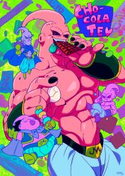  4boys 5boys abs absurdres antennae belt black_belt black_nails black_sclera blanko! blue_cape blue_pants blue_tongue candy cape chibi chocolate chocolate_bar closed_eyes colored_sclera colored_skin colored_tongue cowboy_shot doughnut dragon_ball eating english_text evil_buu facial_hair fat_buu fingernails food food_in_mouth green_background highres holding holding_food kid_buu majin_buu male_focus mini_person miniboy multiple_boys muscular muscular_male mustache nail_polish open_mouth pants pectorals pink_skin pointing purple_skin purple_tongue smile speech_bubble super_buu teeth tongue tongue_out topless_male veins wristband 
